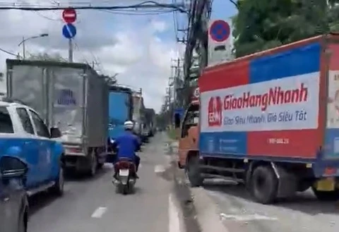 Xe tải leo vỉa hè vượt ẩu ở TP.HCM