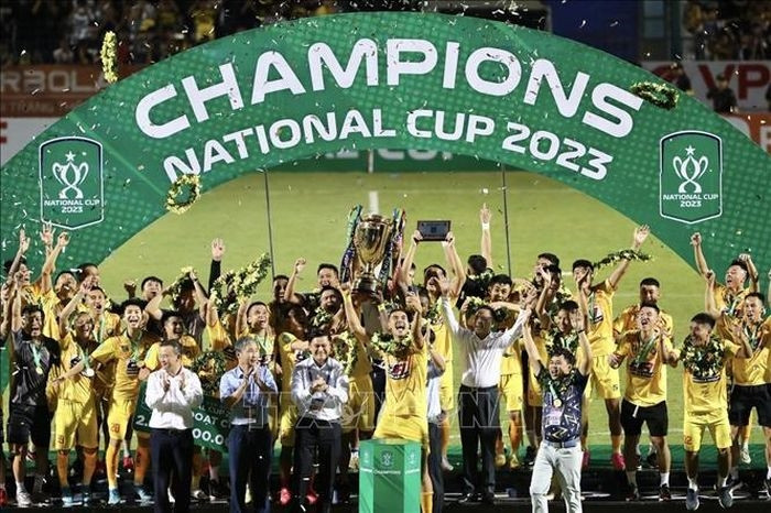 Niềm vui của các cầu thủ Thanh Hóa khi giành Cúp Quốc gia 2023. Ảnh: Minh Quyết/TTXVN